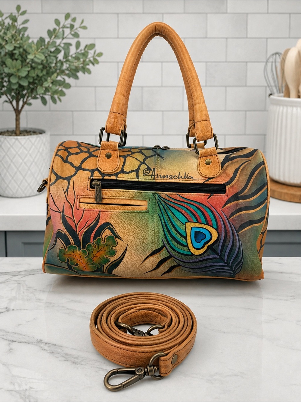 Anuschka Hand Painted Leather Satchel Peacock Feather Botanical Art Crossbody